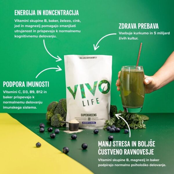 vivo-life-supergreens-lastnosti Vivo Life multivitaminska mešanica Thrive borovnica in lucuma, 240 g